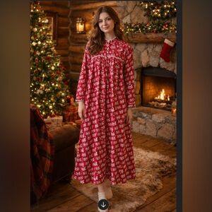 LL‎ Bean Red White Deer Flannel PJ  Nightgown Cottagecore Women's XS P Prairie